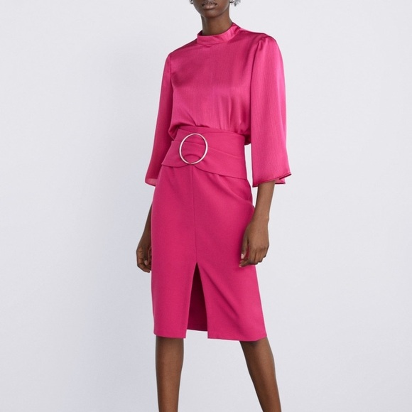 Zara Skirts Zara Pink Skirt With Slit And Silver Buckle Poshmark